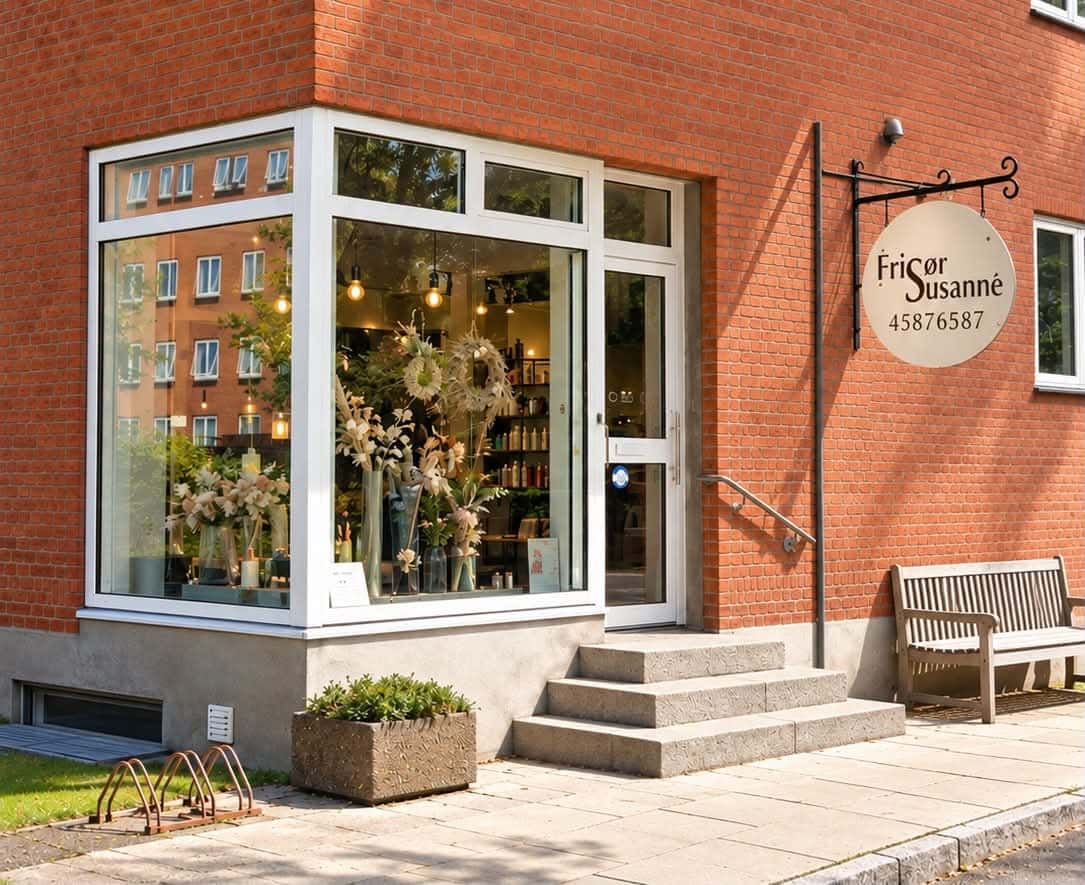Salonens hjørnefacade på Toftevang 14 med store vinduer, blomster og skiltet Frisør Susanne
