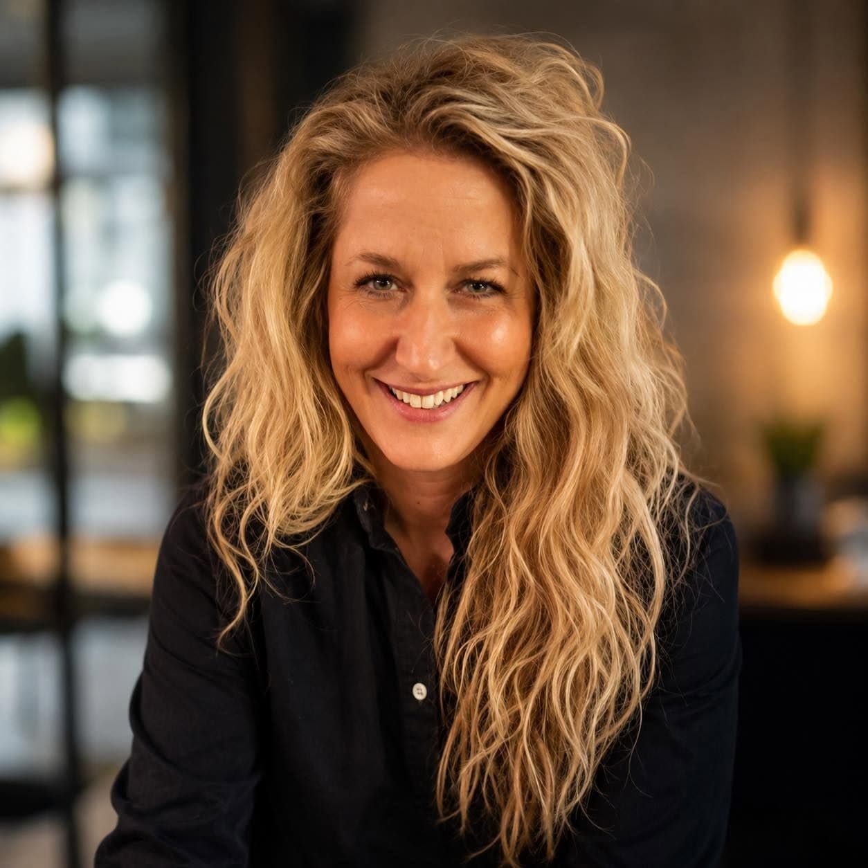 Mette smiler, med langt, lyst og krøllet hår og sort skjorte